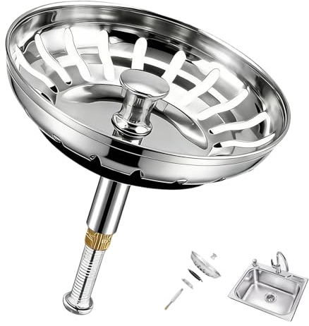 Bouchon Evier Cuisine 79mm, Filtre Evier Universel en Acier Inoxydable, Bouchon Évier Universel avec Filtre Anti-Obstruction 2-en-1, Bonde avec Goujon Excentrique Réglable et Goujon INOX