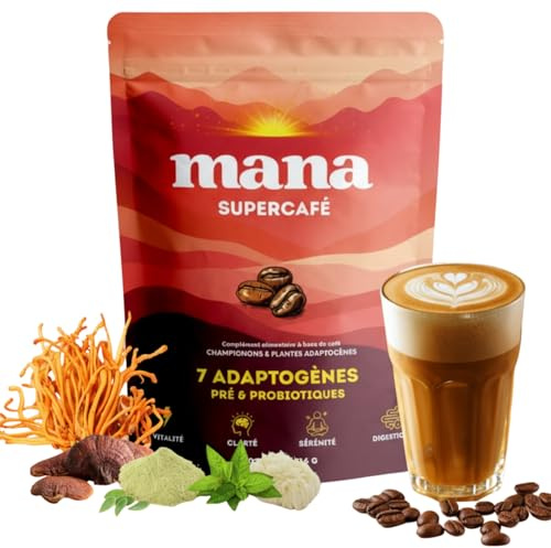 Café Adaptogène aux Champignons | Énergie sans Crash | Lion's Mane, Reishi, Ashwagandha, Cordyceps, Chaga, Rhodiola, Maca | Probiotiques | Poudre 216g 30 Doses | Mana Supercafé