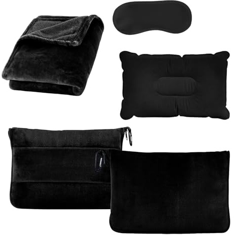 Chingcoo 3 in 1 Reisedecke Flugzeug Set mit Aufblasbarem Reisekissen, Augenmaske & Ohrstöpseln, Ultraleichte Flanell Reise Decke mit Tragetasche und Rucksackclip für Flugzeug Auto Camping (Schwarz)