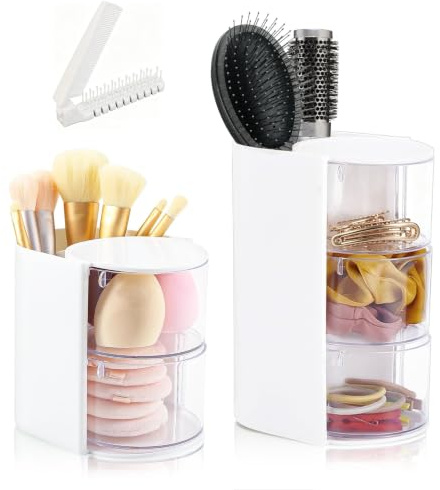 SHILIPAIJC 2＆3 Ebenen Schminktisch Organizer, Haar-Zubehör-Organizer Make Up Organizer Drehbar Haargummi Aufbewahrung, Pinselhalter Kosmetik Organizer Haarbürsten-Aufbewahrungsständer mit Kamm(Weiß)