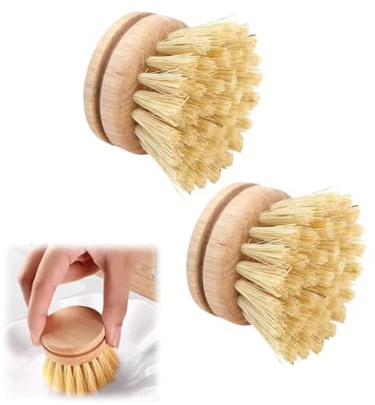Wooden Dish Brush,2Pcs Washing Up Brush Sisal Bristle Heads Bamboo Natural Scrub Brush, Eco Replacement Brushes,for Kitchen, Camping, Cleaning or any Pot Washing