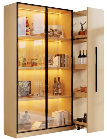 Switdo Multifunktionsschrank 110,5×35×160 cm mit Glastür LED und Seitenauszug, Rollschrank, MDF, Eiche, moderner Schrank für Wohnzimmer