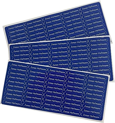 Indigos UG Namensaufkleber Kinder Schule - 150 Sticker - 36x7 mm - Aufkleber selbst gestalten - Namensschilder selbstklebend Kindergarten, Sticker KITA, Brotdose, Flasche, Federmappe, Stifte - blau