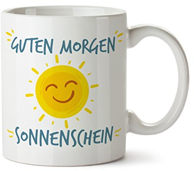 Partycards Keramik Tasse mit Spruch Guten Morgen Sonnenschein, Geschenk Freundin Geburtstag, Kaffeetasse Lustig, Tasse Lieblingsmensch, Bürotasse ca 330 ML, Spülmaschinengeeignet, Partner Tassen Sonne