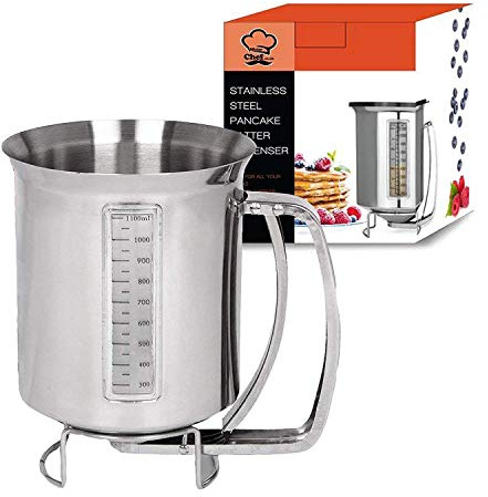 Dispensador de crepes de acero inoxidable y masa fina con guía de medición y tapa, capacidad de 1,2 L