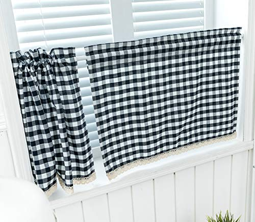 Dreamskull Kurzstores Gardinen Küche Kurz Fenster Küchengardine Scheibengardine Bistrogardine Landhausstil Modern Vintage Vorhänge Vorhang Kurzvorhang Kariert 2er Set (Blau, 74 x 90 cm*2)