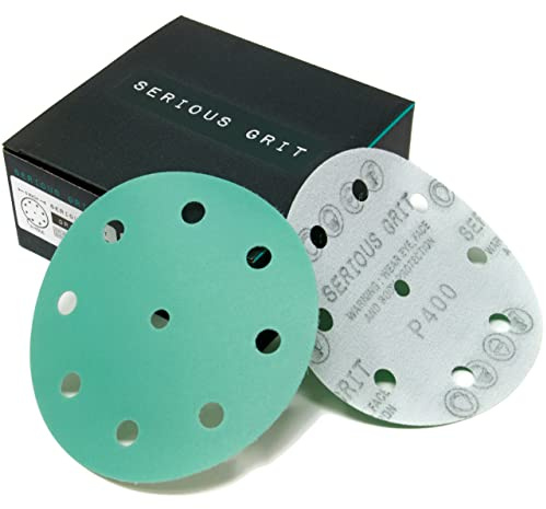 Serious Grit - 125mm 9-Hole P400 Grit Sanding Discs - 50 Pack Box | Fits Festool ETS / RO 125 Sanders - Heavy-Duty Hook & Loop Wet/Dry Film Sandpaper For Wood, Auto Body, Paint, Metal, & More
