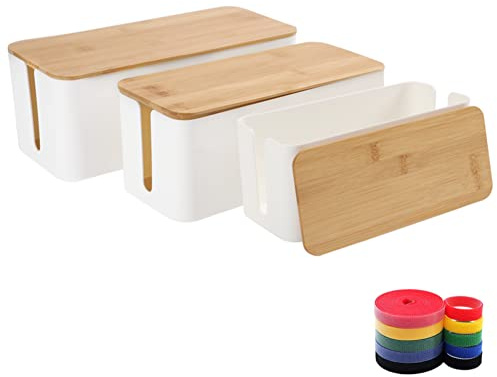 Cable Management Box Organizer, Set of 3 Bamboo Lid Storage Wires Holder to Cover Hide Surge Protector, Power Strips & Cords- with 5 Cables Fastening Tapes for Home, Office, Desk, PC, TV, USB Hub