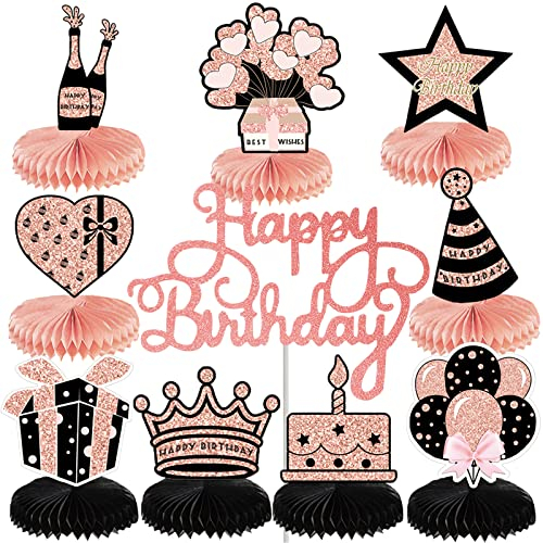 SPOKKI 10 Pcs Birthday Decorations, Rose Gold Honeycomb Table Centerpieces & Cake Topper, Reusable & Durable, Perfect for Birthday Parties