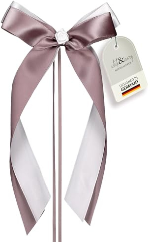 white & ivory 25 Autoschleifen Hochzeit Antennenschleifen | Taupe & weiß | doppelt handgebunden mit Rose | hochwertiges Satin | Autoschmuck | Deko Schleife