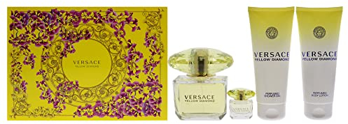 Versace Versace Yellow Diamond 3oz EDT Spray, 3.4oz Shower Gel, 3.4oz Body Lotion, 5ml EDT Rollerball Mini Women 4 Pc Gift Set