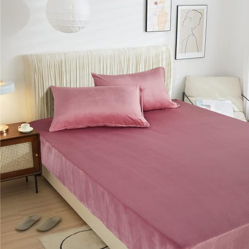 Fleece Fitted Single Bed Sheets 90 x 200 cm Dusky Pink Winter Velvet Warm Cuddly Box Spring Bed Terry Towelling Bed Sheet Set for High Mattress Base Height 25-30 cm
