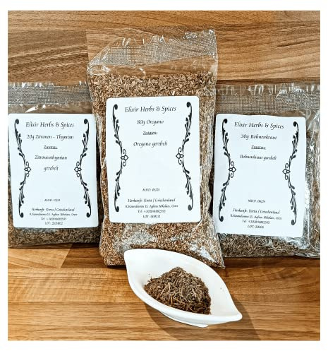 Grekiska kryddset presentset utvalda örter och kryddor från Elixir Herbs & Spices på Kreta (20 g citron. Timjam 80 g oregano 30 g bönört)