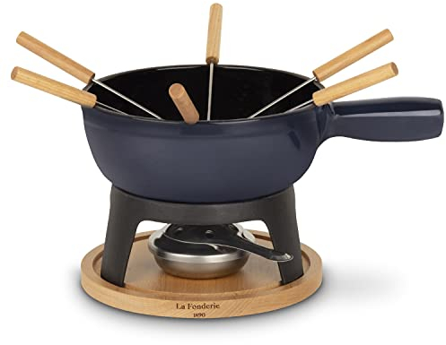 MONT JOUX Fondue Electrico, Hierro Fundido, 6 Tenedores, Azul Marino, Madera Natural