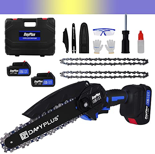 Mini tronçonneuse sans fil 6 avec batterie 1500 mAh 21 V - Scie à chaîne électrique pour arbres, jardinage, forêts, moteur sans balais - Scie électrique avec 2 chaînes