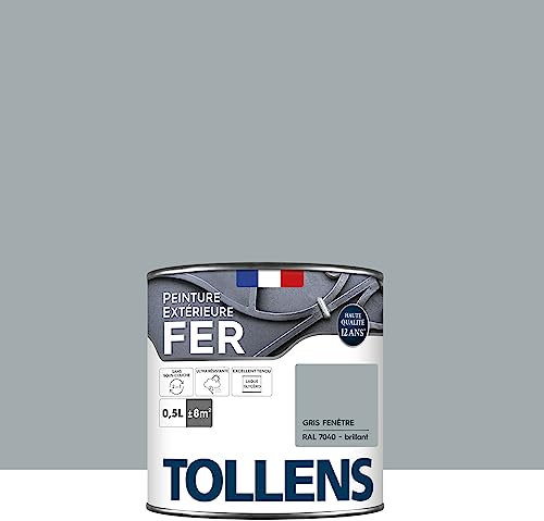 Tollens - Peinture extérieure fer 2 en 1 - Ultra Résistante - Protection antirouille - Laque Riche en Résine - Sans Sous-Couche - Entretien Facile - Brillant - Gris Fenêtre - 0,5L = 8m2
