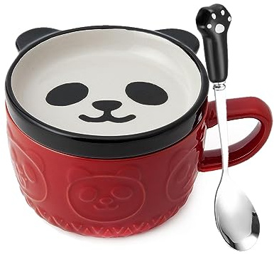 Bonita taza de café de gato con tapa, juego de platillos de taza de té de animales, tazas de cerámica kawaii con soporte para galletas y cuchara, regalos para mujeres, día de la madre (Panda)