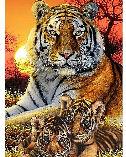 MXJSUA 5D Diamond Painting Set für Erwachsene, Sonnenuntergang-Tiger-Tier Diamant Painting Bilder als Geschenk, Diamond Painting Zubehör Kits für Home Deco (30x40cm)