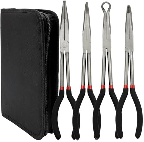 MFBJXC 4 Pack 11 Long Nose Pliers Set with Portable Bag,Insulated Grip Handles-Straight Long Needle Nose Pliers,45/90 Degree Angle Curved Pliers with for Wire Bending,Shaping,Trimming,Jewelry Making