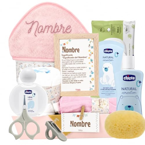Mababyshop Canastilla Bebé Recién Nacido Mi Toalla Bordada (Rosa) | Set Regalo Recién Nacido, Muselina, Set Aseo Bebé, Accesorios de Cuidado