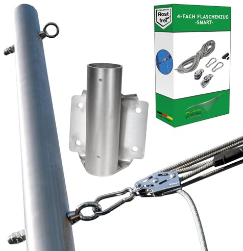 Balkonhalter für Sonnensegelmast mit 3 Augbolzen (3-Punkt-Höhenverstellung) | Stangenhalterung für 2,5m V2A-Edelstahlmast Ø70mm inkl. 4-fach-Flaschenzug, 4 Gewindestangen M12x150mm, Injektionsmörtel