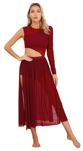 ranrann Femme Robe Danse Classique Manches Asymétrique Robe Danse Latine Salsa Salon Rumba Justaucorps Ballet Tenue Danse Contemporaine Dancewear S-XXL A Bordeaux M