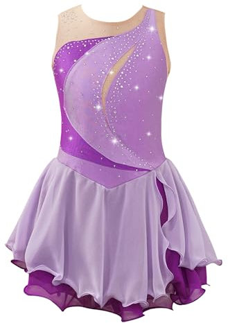 TiaoBug Mädchen Glitzer Eiskunstlauf Kleid Kostüme Ärmellos Ballettkleid Tanzkleid Mesh Spleiß Leotard mit Chiffon Röckchen Ballettkleidung gr.110-176 Hell Lila K 122-128