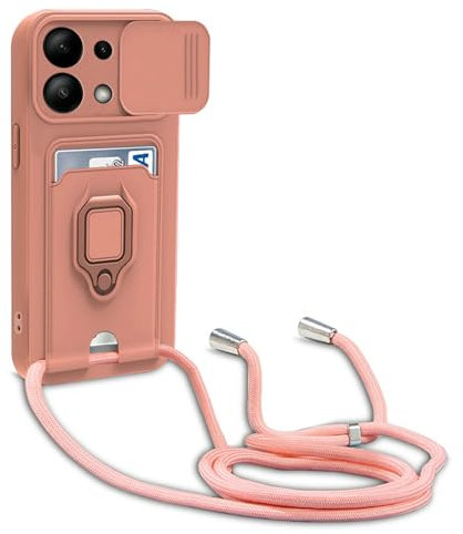 Dllatui Handyhülle Kompatibel mit Xiaomi Redmi Note 13 4G Halsband Lanyard Silikonhülle,mit Kamera Schutz Schieber,Drehbarer Ständer mit Kartenfach Necklace Hülle (Pink)