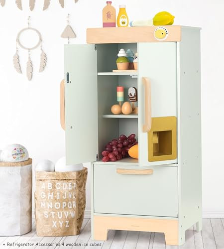Pillowhale Kinder Kühlschrank Holz Spielzeug mit Eisspender Kinderküche Zubehör Spielzeug Spielkühlschrank für Kinder Rollenspiel Geschenk für Mädchen Jungen ab 3 Jahren Wooden Toy Refrigerator