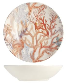 H&H-Set 12 Piatti fondi, linea Maya Bay, 20,5 cm, in stoneware, decorazioni a tema marino con coralli, lavabili in lavastoviglie