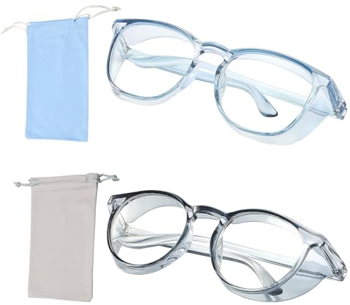 OT-NVWOZR 2 stycken skyddsglasögon anti-dimma, arbetsskyddsglasögon med 2 förvaringsväskor, snygga anti-blåljus, glasögon, anti-damm/UV för kvinnor och män, arbete, laboratorium (blå + grå)