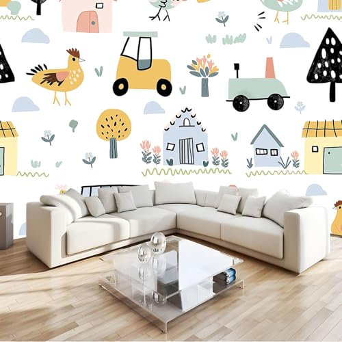 Fototapete 3D Effekt Bauernhof-Cartoon Traktor Vlies Tapeten 300x210 cm 3D Effekt Moderne Wandtapete Wohnzimmer Schlafzimmer Wandbilder Wand