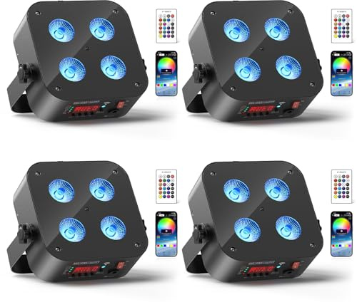 4 * 18W 6 en 1 Luz par de Batería LED, 4PCS RGBWA+UV Mini luz Fiesta Disco, Foco de Efecto de Escenario con Control Remoto/APP/2.4DMX, Recargable Adecuado Club de Cumpleaños de Fiesta de Escenario