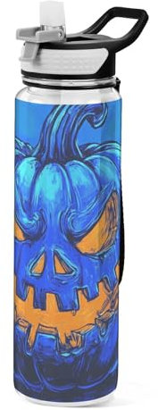 EtherSpher Blaue Halloween-Sport-Trinkflasche, Motiv: böser Kürbis, transparent, für Uni, einzigartiges Design, Dekoration, Sport, Terrasse, Büro, Zuhause