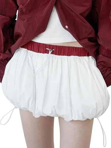 SANSIWU Women's Bubble Mini Skirt Elastic Waist Contrast Color Drawstring Cute Mini Puff Short Skirts for Tennis Skirt Golf (A-White, XL)