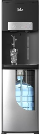 Brio ICE 420 Water Cooler Dispenser for 5 Gallon Bottle with Ice Maker, Bottom Load | UV Self Cleaning Technology, Night Light, Child Safety Lock & 2X Fast Dispense | NSF Certified - Black & Stainless