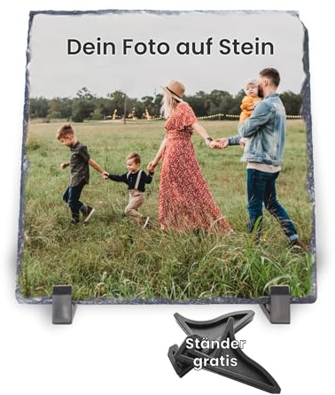 MOMENTU® Schiefer mit Foto personalisiert [Schieferplatte 19 x 19 cm + Ständer] Bedruckte Steinplatte Trauerstein Fotoaufsteller Babyfoto Hochzeitsfoto Geschenk Gedenkfoto Trauzeugen