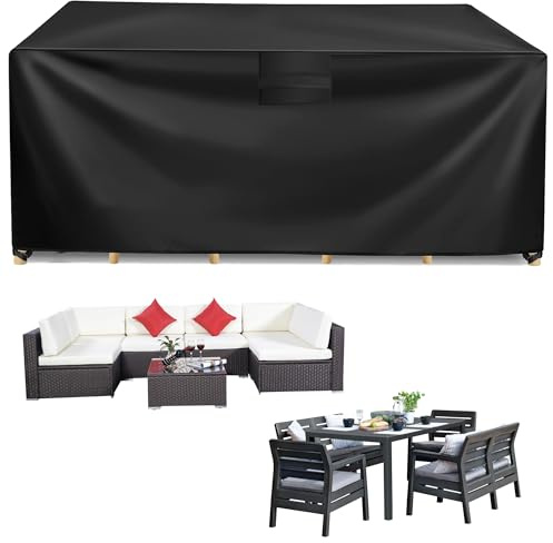Heavy Duty Garden Furniture Covers 200*200*90CM Waterproof 420D Oxford Fabric Patio Table Cover with Air Vent Rectangular Outdoor Table and Chairs Covers Windproof Anti-UV Sofa Cover