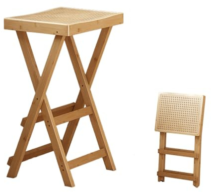 Sgabello Alto Pieghevole 60cm, Sedia da Cucina Richiudibile in Bambù con Cuscino in Rattan, Nessun Montaggio per Casa, Festa, Sala da Pranzo