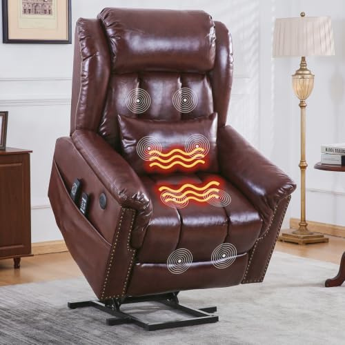 Rhevoy Fernsehsessel Relaxsessel mit Aufstehhilfe, Elektrisch Massagesessel mit Liegefunktion, Ruicken- & Sitzheizung, verstellbare Kopfstuitze, USB & Typ-C, 2Seitentaschen, Braun