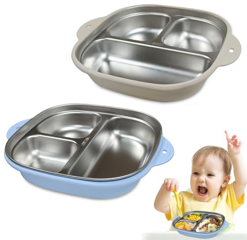 lomonmen 2 Stück Kinderteller mit Saugnapf,Edelstahlteller Baby Saugnapf,Teller mit Saugnapf,Kinder Teller BPA-frei für Baby Kleinkind und Kinder (Blau + Beige)
