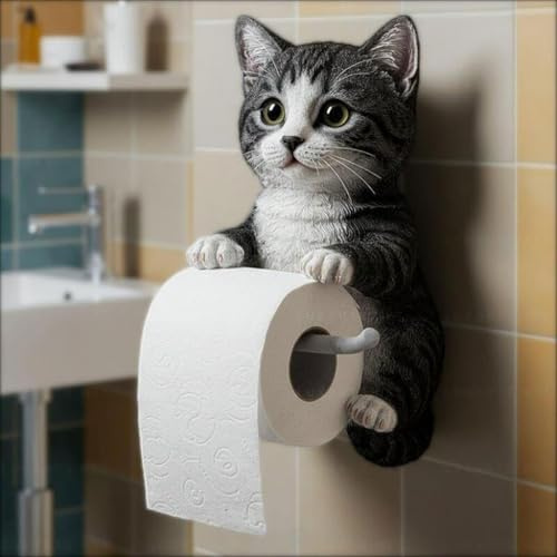 Jelly Cat Toilet Roll Holder - Novelty Funny 3D Cat Sculpture Wall Mounted, Adorable Resin Loo Roll Holder for Cat Lovers, Bathroom Home Decor(B)