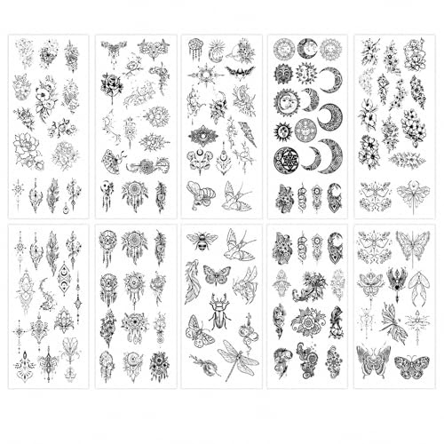 10 Blätter Schwarz Blumen Temporäre Tattoos, Frauen Klebetattoos Erwachsene, Mond Schmetterling Rose Halloween Fake Tattoos zum Aufkleben, Wasserfest Realistisch Festival Tattoo aufkleber männer damen