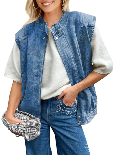 Tankaneo Womens Denim Vest Casual Zip Up Jean Vest Tops Utility Cargo Oversized Sleeveless Jacket Blue