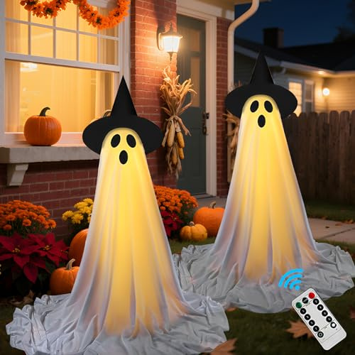 2 Stück Halloween Deko Geister Leuchtender,Halloween Lichterketten Stehende Geist für Terrasse Rasen Garten Party,Gruselige Geister Dekoration mit Fernbedienung, Einen Hut Tragen