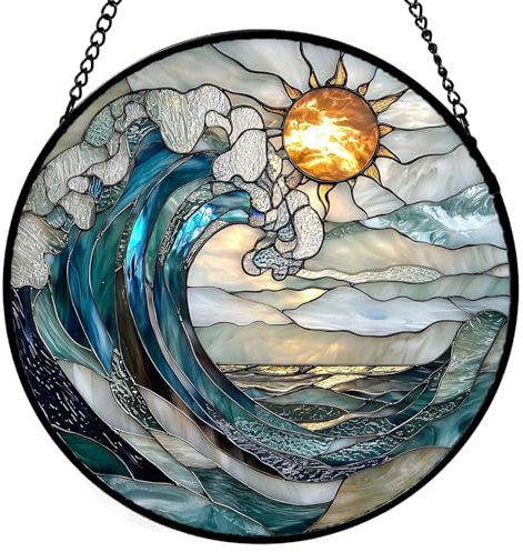 Hanging Stained Glass, Blue Wave Suncatcher Glass Panels for Home Decor, Window Hanging Sun Catcher Gift for Women, Men, Wife, Aunt, Mom