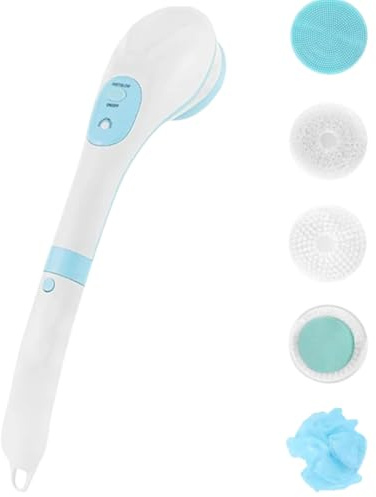 Electric Rechargeable Body Brush & Facial Cleansing Brush – Long Handle Silicone Back Scrubber for Exfoliating, Dry Brushing, Lymphatic Drainage & Shower Cleaning