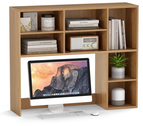 GOPLUS Schreibtischregal, Tischregal für Monitore bis zu 27, Aufsatzregal mit 7 höhenverstellbaren Fächern, Bücherregal für Arbeitsplatte, Schreibtisch Regal für Arbeitszimmer & Schlafzimmer (Natur)