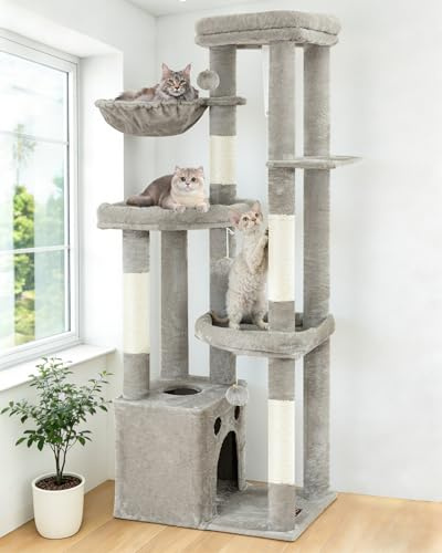 Kratzbaum Groß mit Mehrere Ebenen Kratzbaum Grosse Katzen Stabil | Kratzbaum XL 170 cm hoch，Katzenbaum Hellgrau mit 4 Kratzsäulen, 6 Plüschbälle, Plattformen, Höhlen, Hängematte