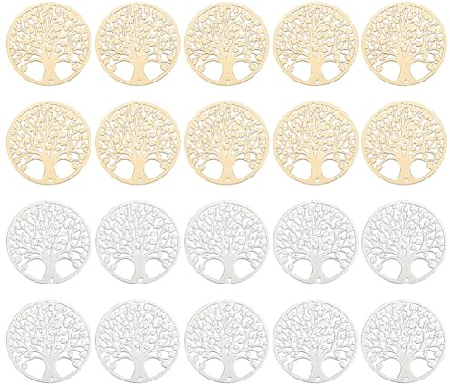 PH PandaHall 20pz Ciondoli Albero della Vita 30mm Ciondoli a Forma di Albero, Argento e Oro Connetti Pendenti per Creazione di Gioielli Collana Bracciale Orecchini Artigianato Fai Da Te